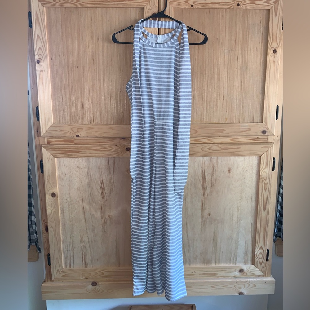 Beachy nautical gray/white striped belted jumpsuit romper/w pockets size S